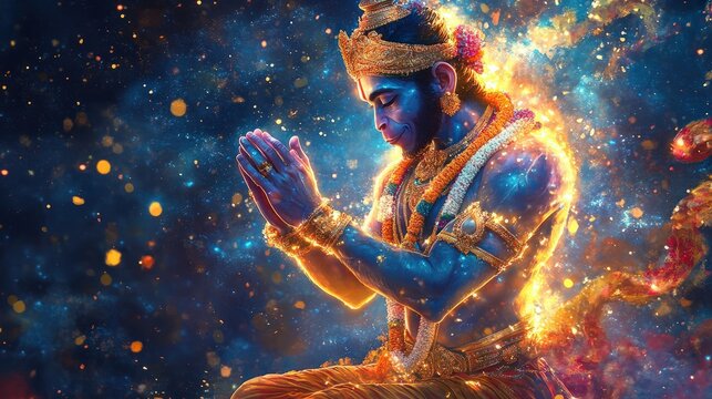 A vibrant digital art of Lord Hanuman bowing before Lord Rama, with glowing effects highlighting his devotion and the epic energy of the scene, surrounded by rich blues and golds