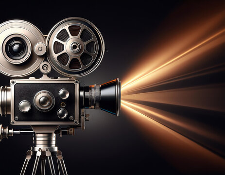 C&aacute;mara de cine antigua vintage con un haz de luz proyectado sobre fondo negro