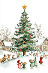 christmas tree in a little village at christmas eve surrounded by happy families and woodland animals,