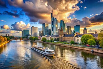 Obraz premium Stunning Frankfurt Skyline with Cruise Boat: A Captivating Urban Landscape
