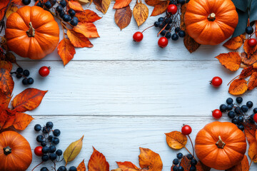 Autumn decor with pumpkins, leaves, and berries creates festive atmosphere