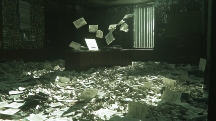 Unraveling the Deception: A Suspiciously Empty Office With Clues of Fraudulent Shenanigans, Bathed in Cinematic Lighting