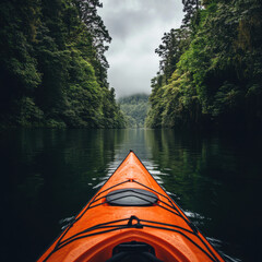 Fototapeta premium vibrant orange kayak glides through serene river surrounded by lush greenery
