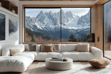  A modern living room with large panoramic window in light beige tones in a mountain hut with incredible scenic view over the snowy mountains. 