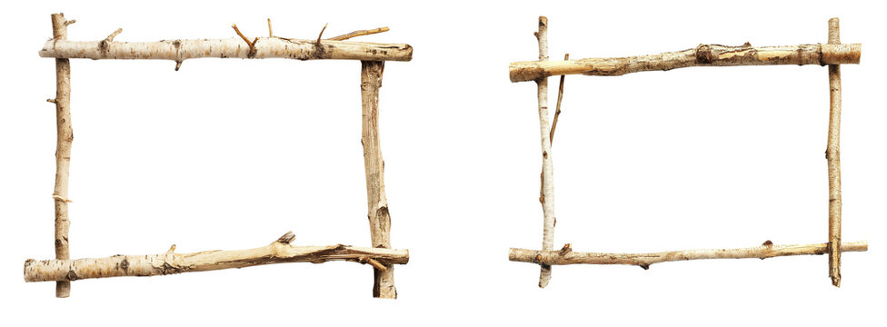Square frame made of wooden stick isolated on a transparent background, Cutout PNG