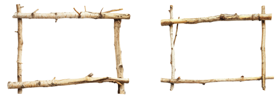 Square frame made of wooden stick isolated on a transparent background, Cutout PNG