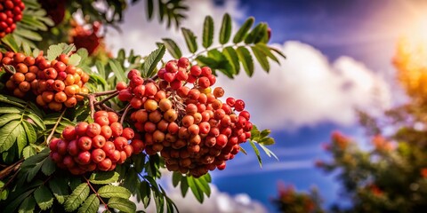 Autumn Rowan Tree Portrait with Vibrant Leaves and Berries Against Clear Blue Sky