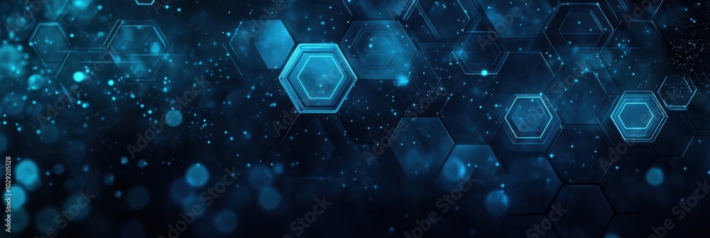 Poster dark blue background with white hexagon and line elements of technology, circuit board, data flow or