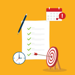 Meeting agenda. Reminder with a event list and schedule. Presentation with memo, Assignment target. Clipboard, checklist. Project task management and effective time.	