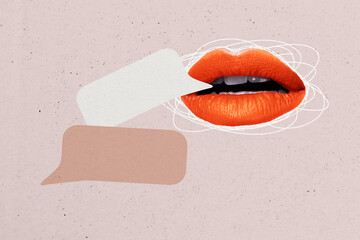 Composite photo collage of female mouth red pomade lips talk bubble phrase communication speech...