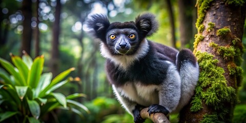 Obraz premium Stunning Indri Lemur in Madagascar Rainforest – Black and White Beauty Captured in Nature