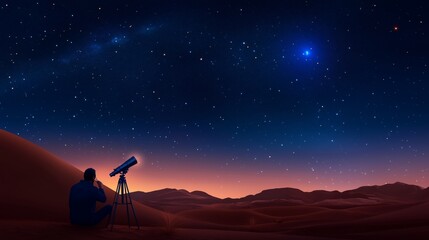 Stargazer observing the night sky with a telescope in a serene desert landscape at twilight