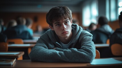 Fototapeta premium A teenage boy sits at his desk in a classroom, looking thoughtful, with other students blurred in the background.