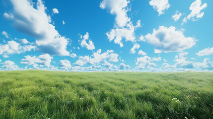 Beautiful grassy field with a blue sky and white clouds in the background. The green meadow is seen from above, creating an endless horizon.