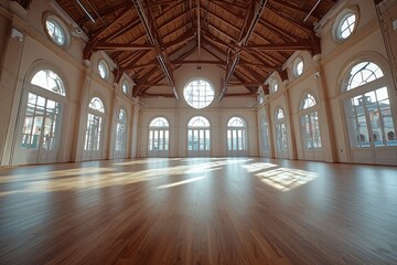 Naklejka premium Empty Room with Wooden Floor and Numerous Arched Windows