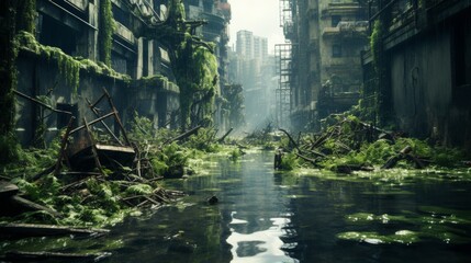 An overgrown city submerged in water a post apocalyptic landscape of desolation