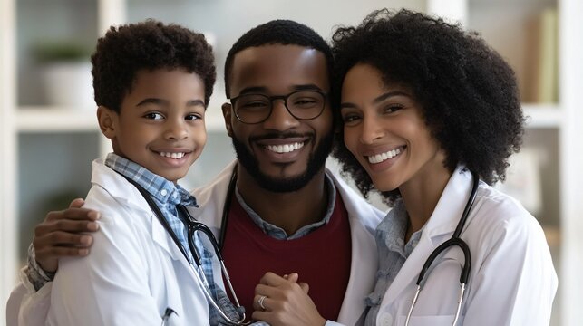 A man and a woman are smiling at a child in a doctor's office