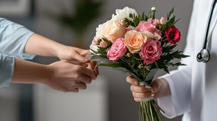 A woman is giving a bouquet of flowers to a man
