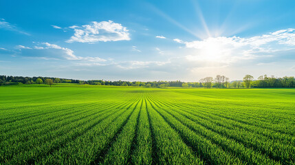 Beautiful grassy field with a blue sky and white clouds in the background. The green meadow is seen from above, creating an endless horizon.