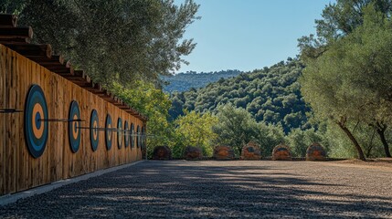 Fototapeta premium Outdoor archery range with targets mounted on wooden wall in a wooded area.