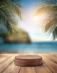 Obraz premium Table against blurred palm beach for summer product ads