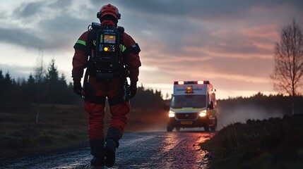 A man in a red suit is walking down a road next to an ambulance