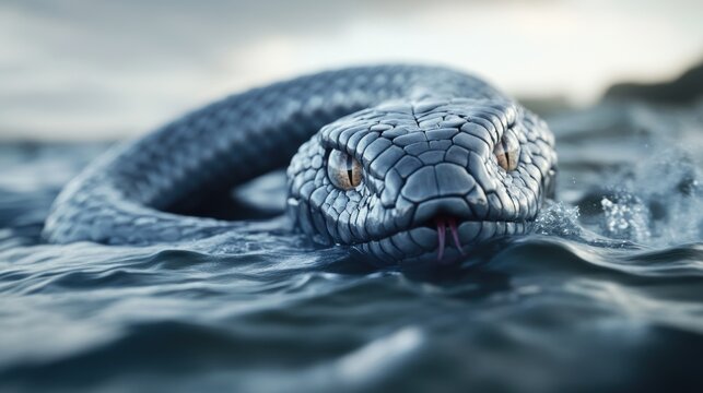 Midgard Serpent Jormungandr gliding through water with intense gaze and textured scales, AI