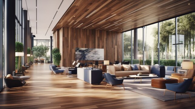 Stylish office coworking space featuring spacious corridor with wooden accents and panoramic windows