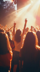1985 rock concert, teenagers in 80s fashion dancing in the crowd, vintage, warm color grading, 24mm wide