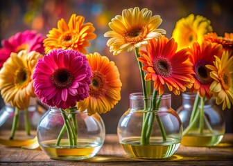 Stunning Low Light Photography of Colorful Gerbera Flower Arrangements in Transparent Vases