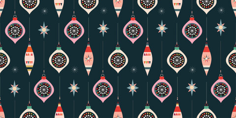 Naklejka premium Christmas seamless pattern with decorative Christmas balls, modern minimalist design, vector, seasonal wallpaper