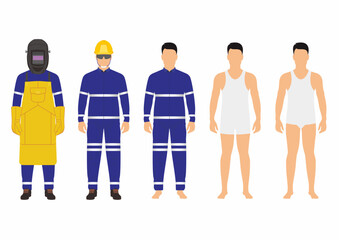 Model builder of a man worker with the basic wear and mandatory personal protective equipment for welding work.