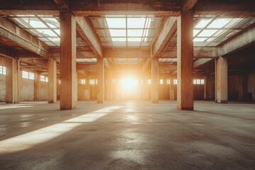 Naklejka premium Sunbeams Illuminating an Empty Industrial Space