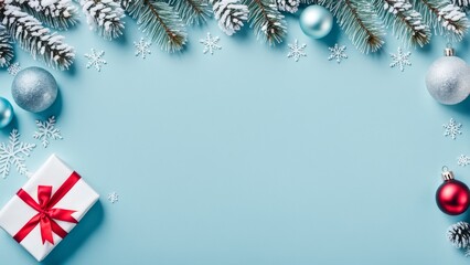 A Christmas banner with a gift box, Christmas decorations, snow-covered fir branches on a pastel blue background, with space to copy.