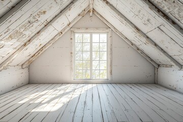 Whitewashed Wooden Attic Room with a Window View