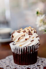 Decorated chocolate cupcake, food photography
