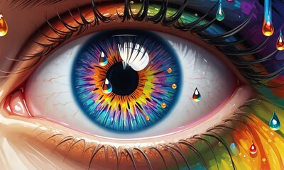 Experience the stunning fusion of colors as a beautiful eye reveals a rainbow explosion, complemented by vibrant droplets cascading down in artistic brilliance - Powered by Adobe