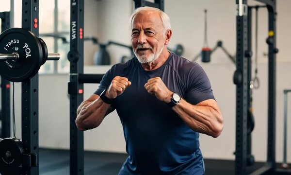 An elderly gentleman demonstrates his strength and determination as he engages in weightlifting, showcasing resilience and an active lifestyle. His confident stance inspires all around him