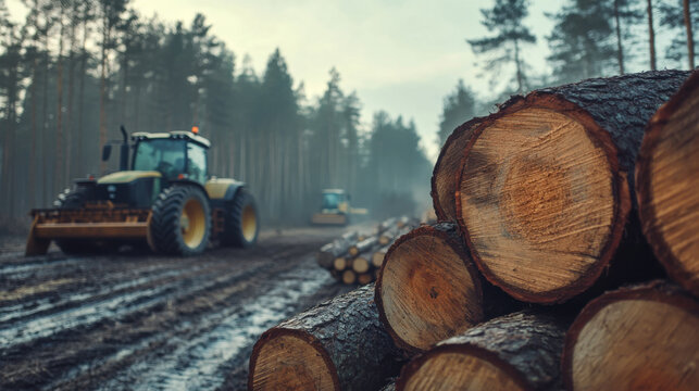 Heavy machinery working in a foggy forest during timber harvesting on an autumn morning with freshly cut logs visible
