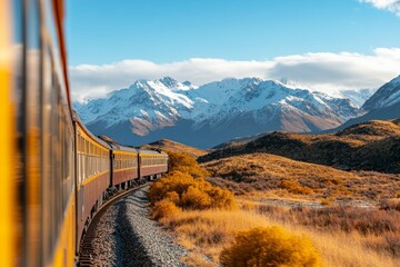 A scenic train journey through golden landscapes near snow-capped mountains on a clear day