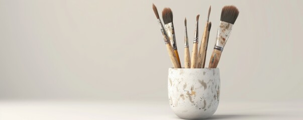 Paintbrushes in a cup on white background, 4K hyperrealistic photo