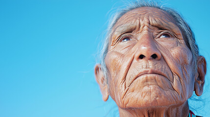 Close-up Portrait of an Elderly Native American Man Looking Up at the Sky