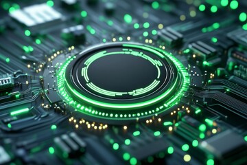 Black and Green Logo Surrounded by Glowing Circuit Lines
