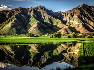 Stunning Mountain Reflections Over Utah Farmland in Documentary Photography Style