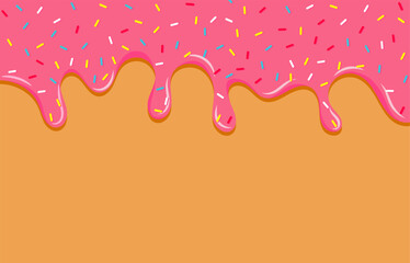 Dripping pink sweet donut glaze vector background, Colorful sprinkles banner background