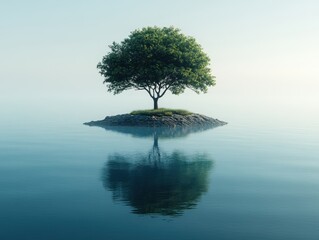 Isolated Island Serenity, a tranquil scene featuring a lone tree on a small island embraced by gentle waters, evoking peace and solitude