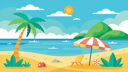 A cartoon illustration of a sunny beach scene with a palm tree, beach chair, umbrella, and a life preserver on the sandy shore.