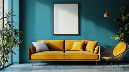 Vibrant yellow sofa and chair near teal wall with poster frame. Scandinavian interior design of modern living room