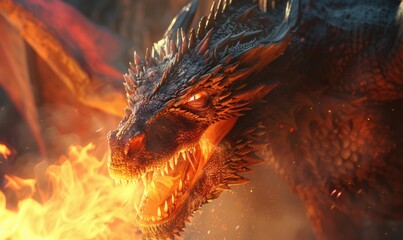 Fototapeta premium Powerful dragon breathing fire, 4K hyperrealistic photo