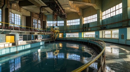 Abandoned Industrial Building with a Circular Pool and Reflections